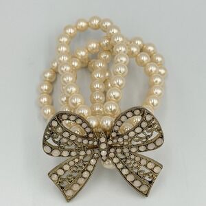 Vintage Faux Pearl 4 Strand Stretch Bracelet Gold Filigree Bow Coquette Romantic